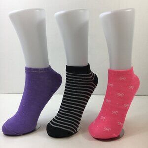 Womens Colorful Low Cut Ankle Socks 3-Pack Striped Bows Pink Purple Black